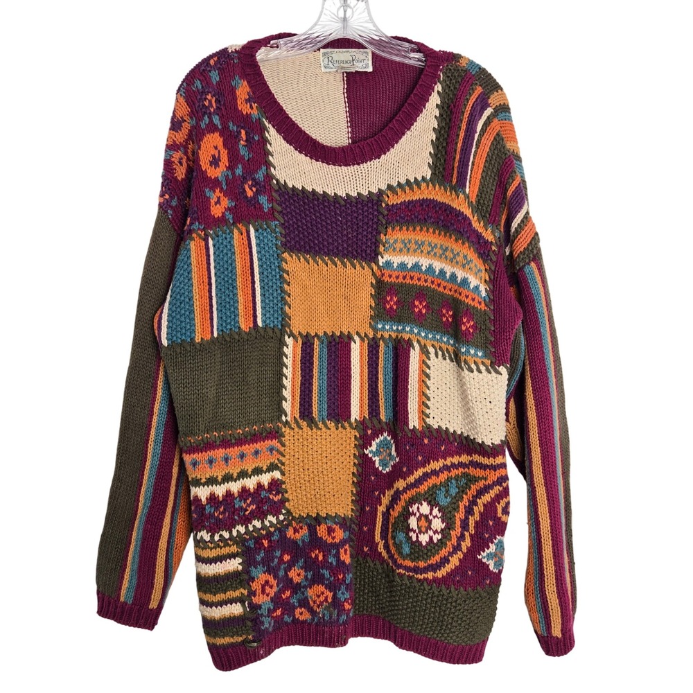 Vtg Reference‎ Point Patchwork Knit Sweater Purple Orange Tan Multi Color Size M